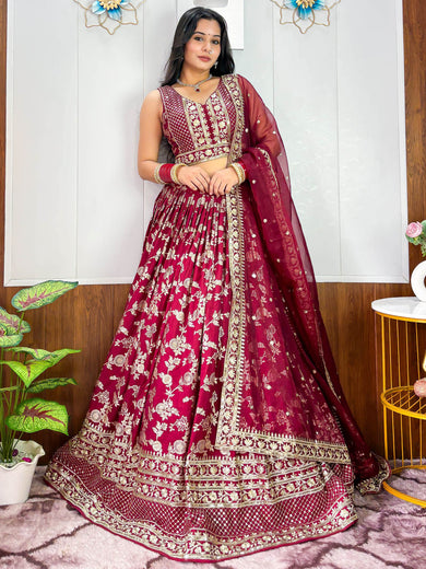 Charming Maroon Zari Weaving Silk Wedding Lehenga Choli With Dupatta